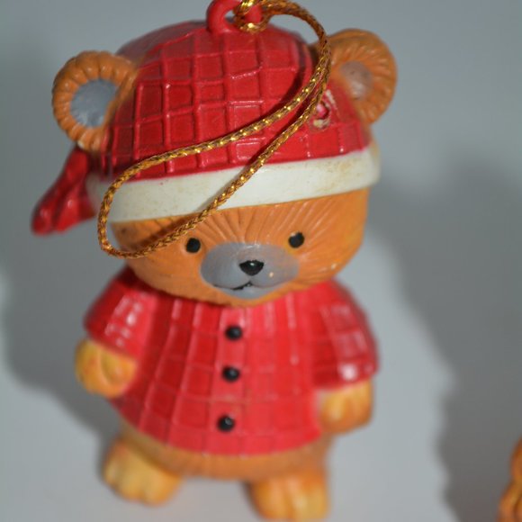 Vintage Mistletoe Plastic Teddy Bear Christmas Ornaments Lot of 2 Red Pajama Hat - Picture 2 of 9
